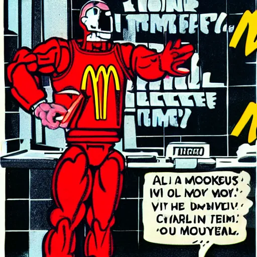 Image similar to the terminator works at McDonalds, painting by Steve Ditko