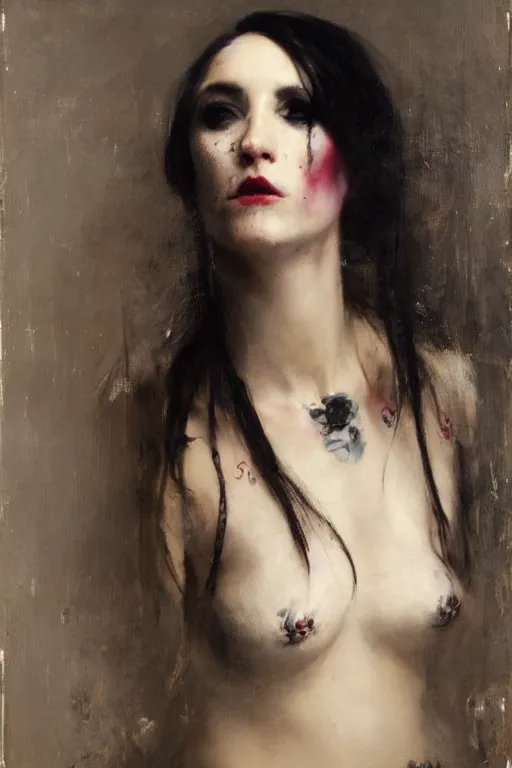 Image similar to Richard Schmid and Jeremy Lipking and Roberto Ferri full length portrait painting of a young beautiful victorian steampunk goth punk rock woman covered head in black except for face