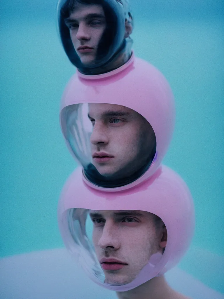 Image similar to high quality pastel coloured film portrait photograph of a beautiful young 2 0 year old male, soft facial features, short hair, perspex space helmet and oversized inflated clothing!! icelandic black rock pool environment. atmospheric three point light. photographic. art directed. ( pastel colours ). volumetric. clearcoat. waves. 8 k. filmic.