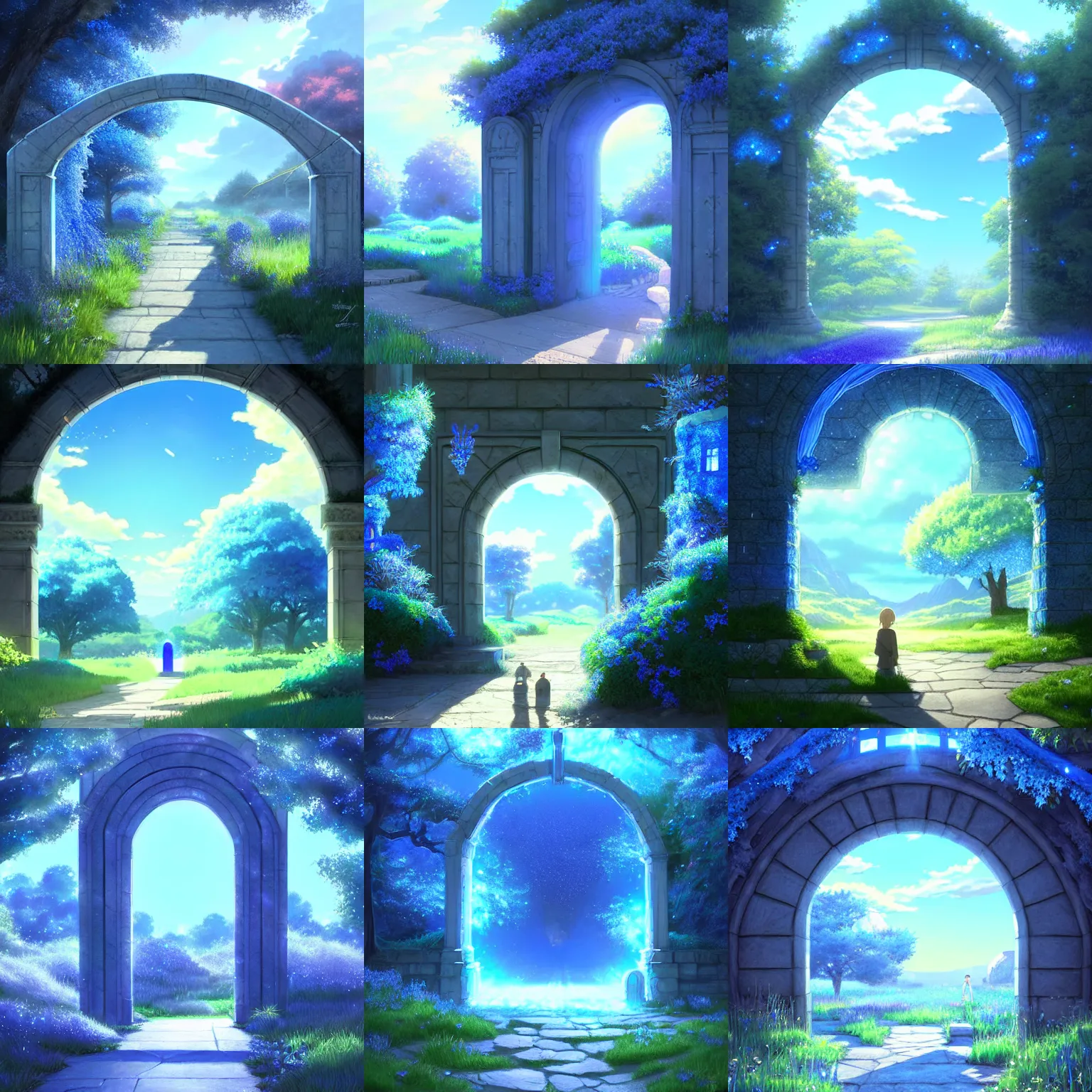 Prompt: an outdoor archway to another dimension made of blue crystals, surround by a field, a fantasy digital painting by makoto shinkai and james gurney, trending on artstation, highly detailed