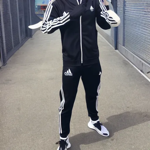 Prompt: an among us character wearing an adidas tracksuit