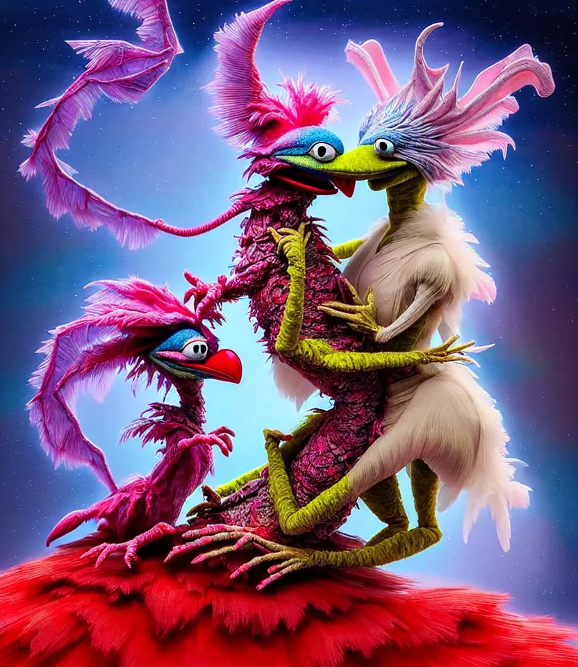 Image similar to hyper detailed 3d render like a Oil painting - kawaii portrait of hopeful lovers hugging tight or kissing pecking adorably Aurora (a beautiful girl skeksis muppet fae princess protective playful expressive acrobatic from dark crystal that looks like Anya Taylor-Joy) seen red carpet photoshoot in UVIVF posing in scaly dress to Eat of the Strangling network of yellowcake aerochrome and milky Fruit and His delicate Hands hold of gossamer polyp blossoms bring iridescent fungal flowers whose spores black the foolish stars by Jacek Yerka, Ilya Kuvshinov, Mariusz Lewandowski, Houdini algorithmic generative render, golen ratio, Abstract brush strokes, Masterpiece, Edward Hopper and James Gilleard, Zdzislaw Beksinski, Mark Ryden, Wolfgang Lettl, hints of Yayoi Kasuma and Dr. Seuss, Grant Wood, octane render, 8k