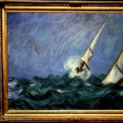 Image similar to large ship being tossed about in a fierce storm in the sea, dark, low light, terrifying, beautiful, monet painting