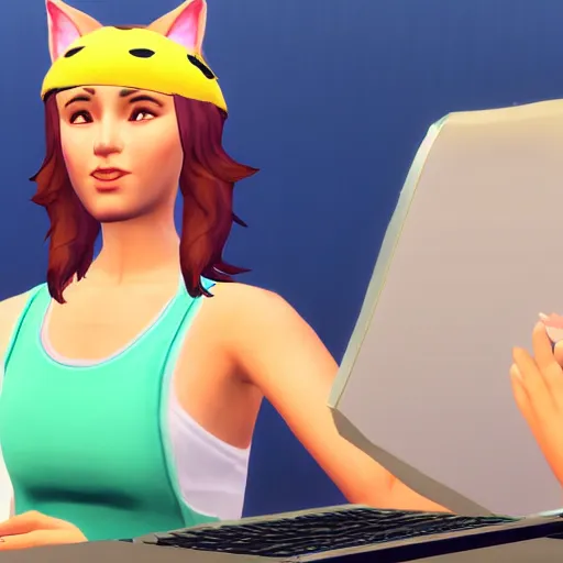 Image similar to cute woman wearing tank top and cat ears plays on computer, sims 4 graphics style