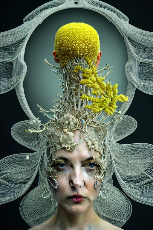 Image similar to complex intricate hyper detailed ultra sharp 3 d render of a beautiful porcelain biomechanical woman medium shot portrait, floodlight, large pore fractal fungi embroidered, cyberpunk art nouveau, haute couture alexander mcqueen leaves stems dahlia transparent fractal crystalline dandelion yellow pistil filigree roots, intricate details, octane render, volumetric cinematic lighting, 8 k,