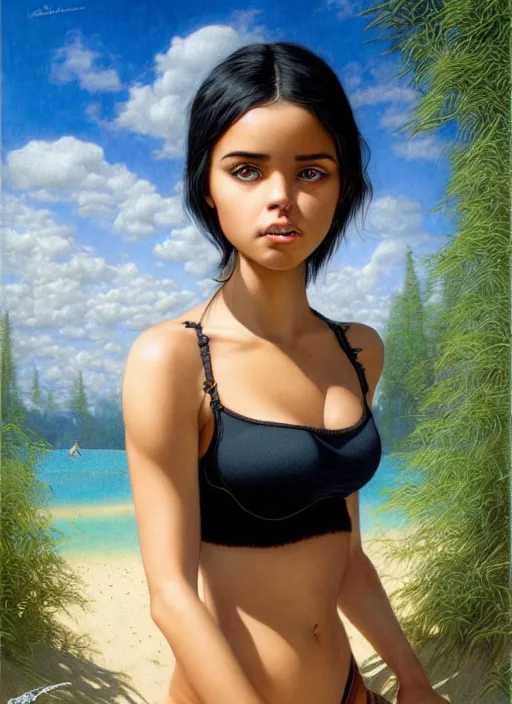 Prompt: a young tanned petite girl with short black hair, in a black betch bra, on the sandy beach of a blue lake in a pine forest, symmetric face, hyperrealism, no blur, 4 k resolution, ultra detailed, style of beautiful body, tyler edlin, tom bagshaw, arthur rackham, ivan shishkin