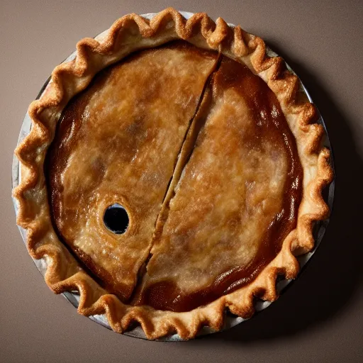 Image similar to a pie with eyes peeking out from under the crust, unreal engine, octane render