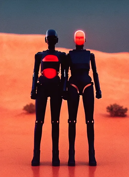 Image similar to cinestill 5 0 d photographic portrait of two loving female androids wearing rugged black cutout waist techwear on a desolate plain with a red sky, extreme closeup, modern cyberpunk, dust storm, 8 k, hd, high resolution, 3 5 mm, f / 3 2, ultra realistic faces, ex machina, blade runner