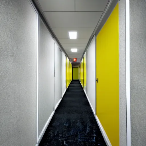 Image similar to liminal abandoned office hallways with walls and carpeting with a monochromatic tone of pale yellow, fluorescent lights, pale yellow walls, pale yellow carpet flooring, european office