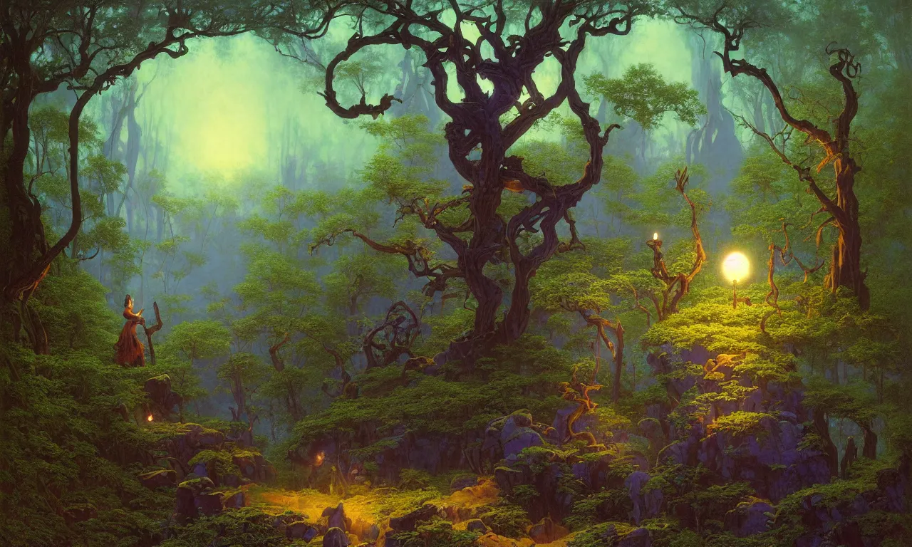 Prompt: The wandering rock mage by Albert Bierstadt and Gerald Brom and James Gilleard and Craig Mullins and Greg Hildebrandt and Dean Ellis and Arantza Sestayo, smooth round rocks, blue flames, low light, glowing orange and purple crystals, green vines, misty swamp, tonalism, sfumato