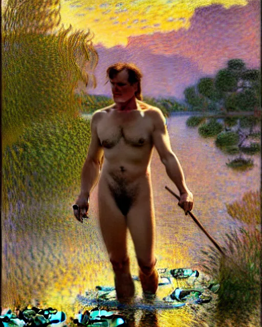 Image similar to quentin tarantino wading through a river, reflective water, painting by tom of finland, gaston bussiere, craig mullins, j. c. leyendecker, claude monet