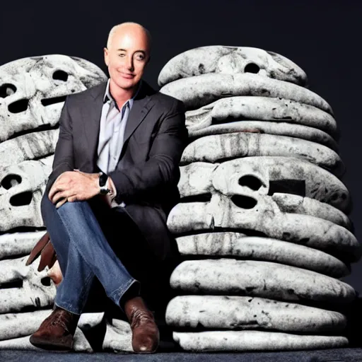 Image similar to photo of jeffrey bezos sitting on a pile of skulls