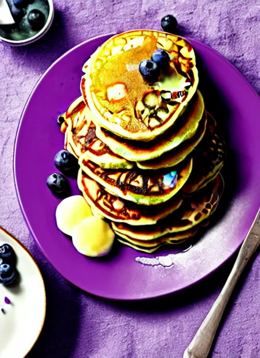 Prompt: green buttermilk pancakes with purple syrup, award-winning photograph for cooking magazine
