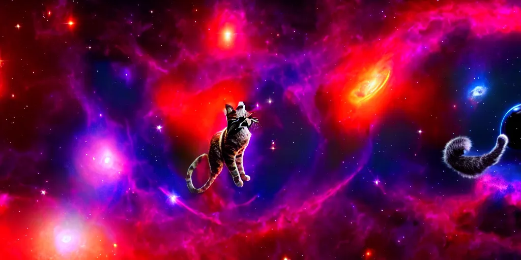 Image similar to 8 k uhd poser, redshift render of a dancing cosmic cat posing as shiva the destroyer, background stars an nebulae, volumetric lighting