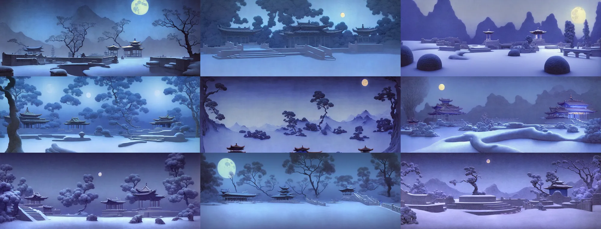 Prompt: a gorgeous landscape painting by barlowe wayne maxfield parrish and marco mazzoni. drak blue night sky. just one winter moon!! snow. chinese temple the winding steps. ultra clear detailed. 3 d, octane render. turbulent blood lake. fog