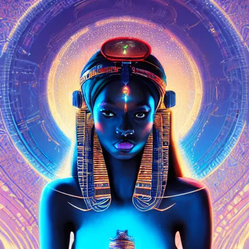 Image similar to highly detailed portrait of an african neon egyptian goddess, intricate alien technology, stephen bliss, unreal engine, fantasy art by greg rutkowski, loish, rhads, ferdinand knab, makoto shinkai and lois van baarle, ilya kuvshinov, rossdraws, tom bagshaw, global illumination, radiant light, detailed and intricate environment