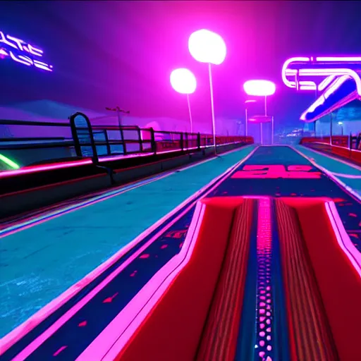 Image similar to a cyberpunk neon racing track in unreal engine, very high detailed, in a game, cinematic view