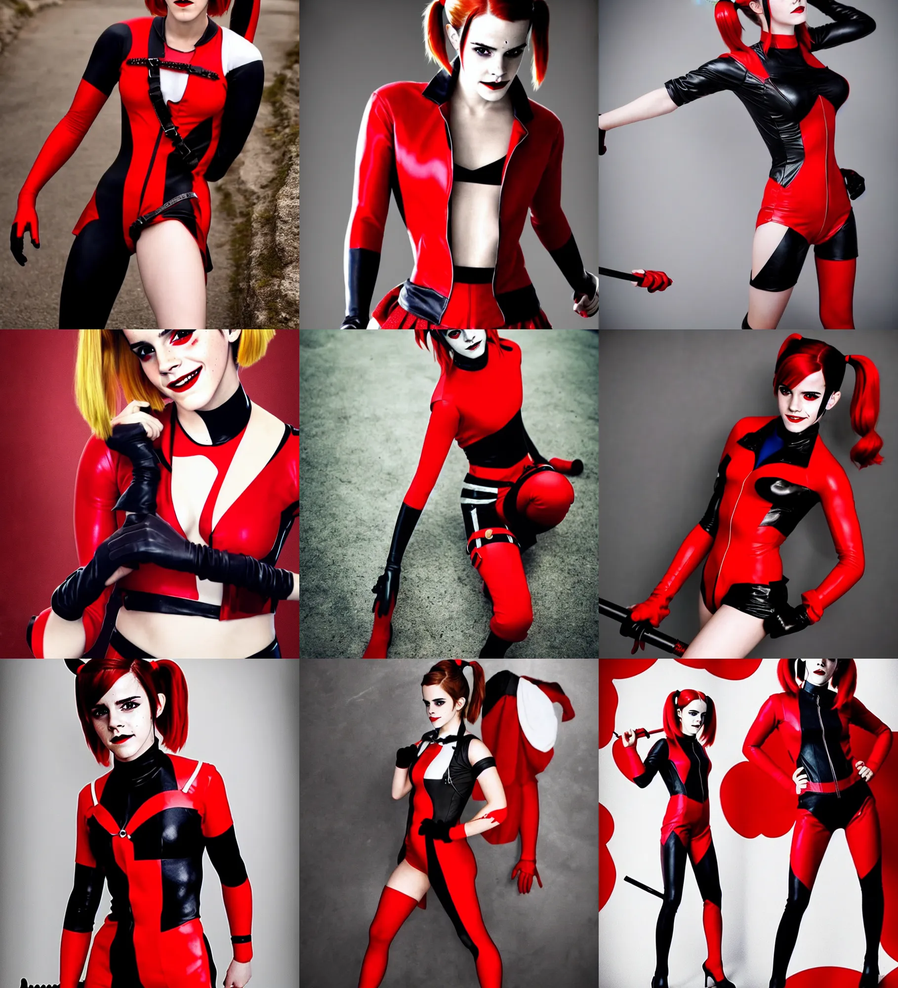 Prompt: attractive Emma Watson cosplaying as classic Harley Quinn!!! in her signature red and black plugsuit , full body zenkai classic Harley suit , solo photoshoot , DSLR , wallpaper , cosplay , full body , cinematic 4K blu-ray , japanese live-action movie