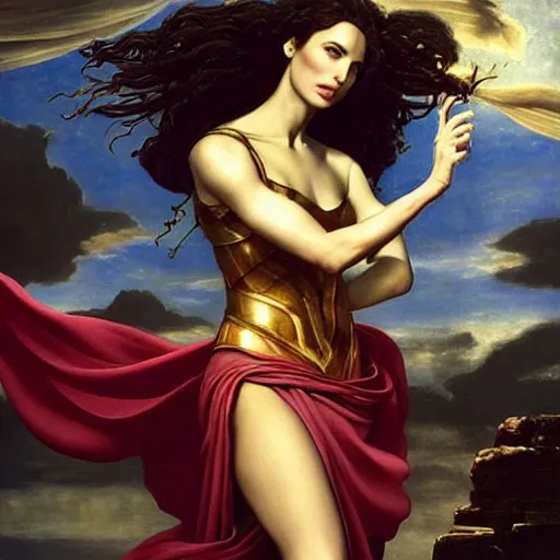 Image similar to Full body oil painting of the beautiful goddess Gal Gadot as Artemisa, she is wearing roman clothes and a surreal jewelry, her hair is natural disheveled, she is approaching heaven over the clouds, naturalism, dramatic lighting, high-detailed oil painting by Ilya Repin, Michelangelo da Caravaggio, William Blake, Alex Grey and Beksinski, trending on Artsation, hystorical painting, naturalism, masterpiece, 4k, 8k,
