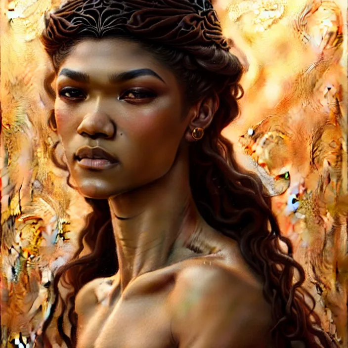 Image similar to ancient queen zendaya, symetrical, diffuse lighting, fantasy, intricate, elegant, highly detailed, lifelike, photorealistic, digital painting, artstation, illustration, concept art, 4 k, smooth, sharp focus, art by john collier and albert aublet and krenz cushart and artem demura and alphonse mucha