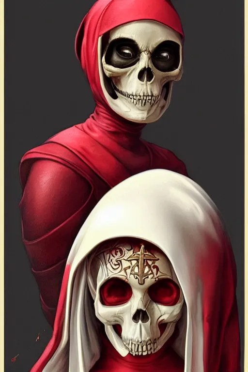 Image similar to ultra realistic illustration, 3 d render of a nun with a skull helmet red and gold accents, gothic, dark, hacknaut, fantasy, intricate, elegant, highly detailed, digital painting, artstation, concept art, smooth, sharp focus, illustration, art by artgerm and greg rutkowski and alphonse mucha