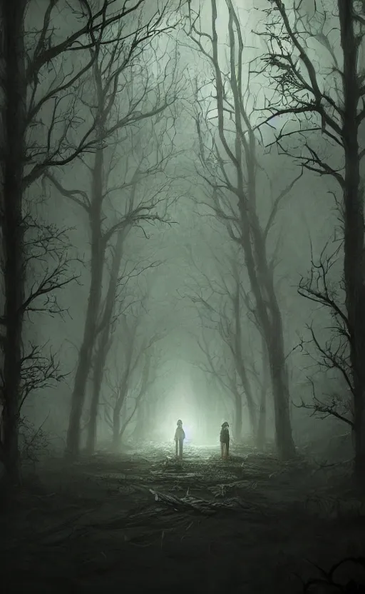 Image similar to dark fantasy concept art of a stranger things inspired landscape, spooky and creepy, with an eery vibe, dynamic lighting, photorealistic, hyper realistic, ultra detailed, ambient lighting, atmospherical, stunning visuals, creative, trending on art station, stunning visuals