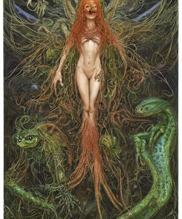 Prompt: portrait photograph of a fierce sadie sink as an alien harpy queen with slimy amphibian skin. she is trying on evil bulbous slimy organic membrane fetish fashion and transforming into a fiery succubus amphibian villian rose. by donato giancola, walton ford, ernst haeckel, brian froud, hr giger. 8 k, cgsociety