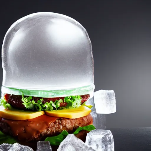 Image similar to a clear ice sculpture of a burger made entirely of ice, 4 k