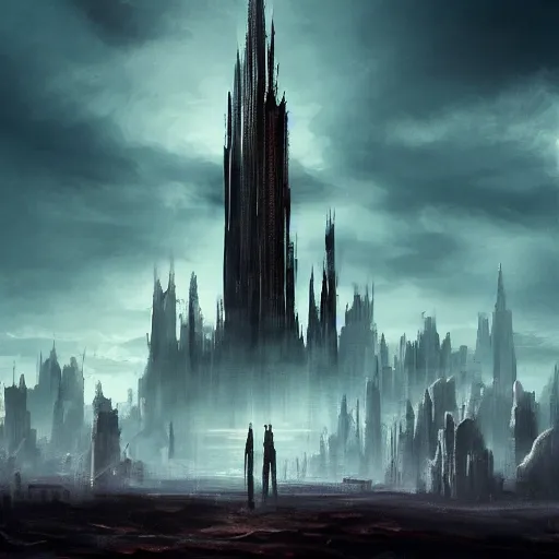 Image similar to the dark tower looms at the axis of worlds, artstation.