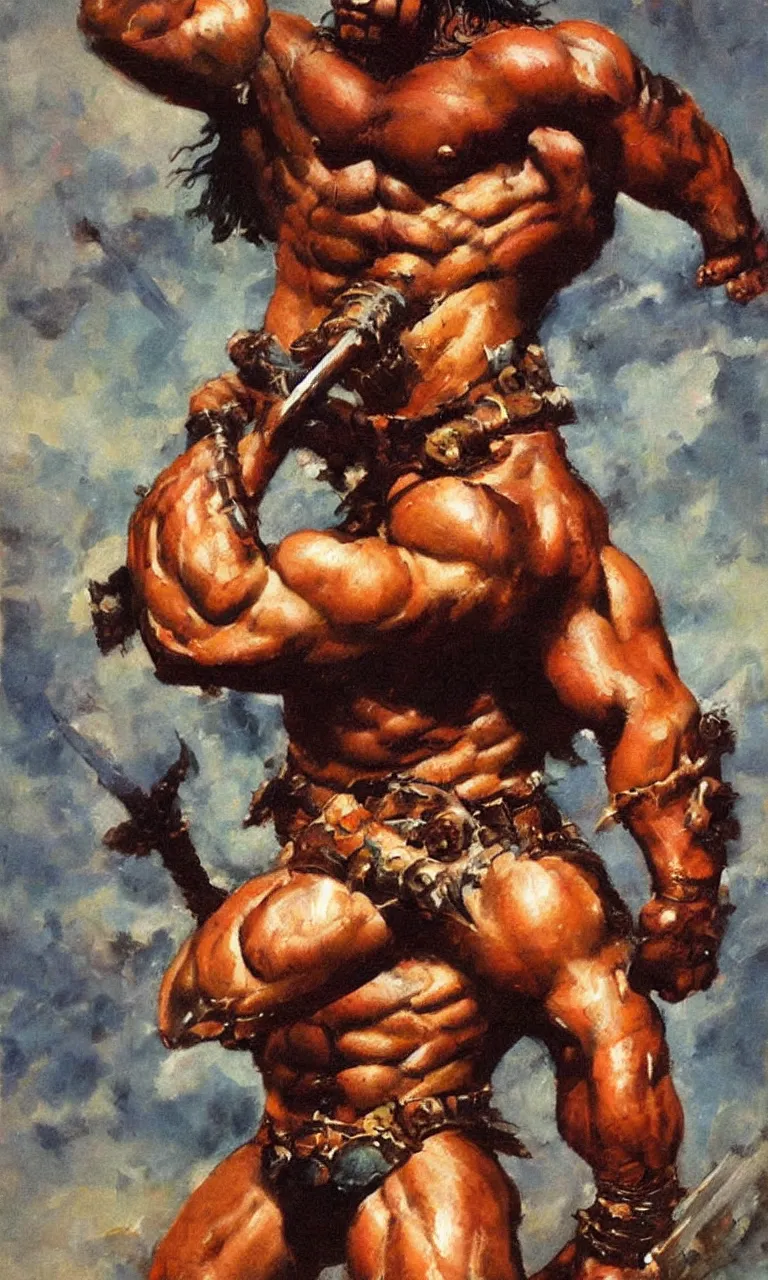 Prompt: an oil painting of a muscular barbarian warrior by frank frazetta