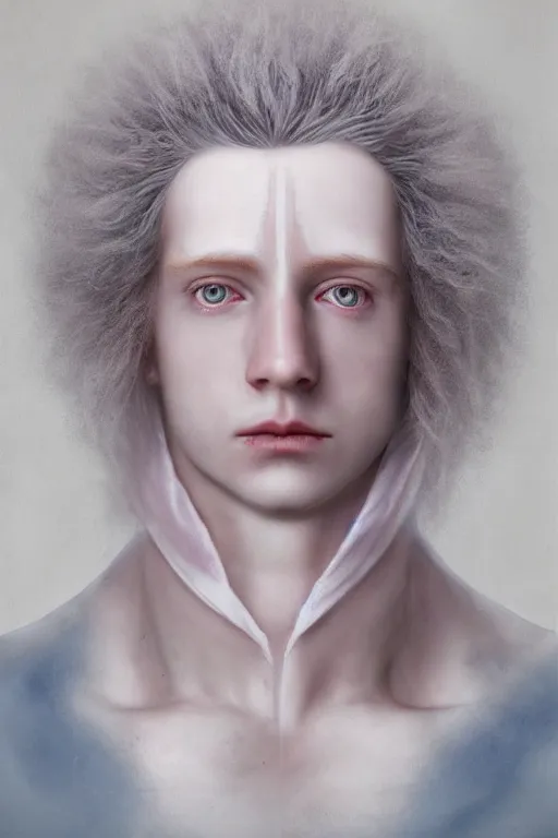 Prompt: Hyper realistic portrait of Lucius, delicate milky white pale porcelain skin and light pink blush, blue veins, fluffy platinum blonde curly hair with curtain bangs over his forehead, lush drill curls, beautiful androgynous prince, Dark Studio Lighting, fog, by Emil Melmoth, Trending on Artstation, 8k