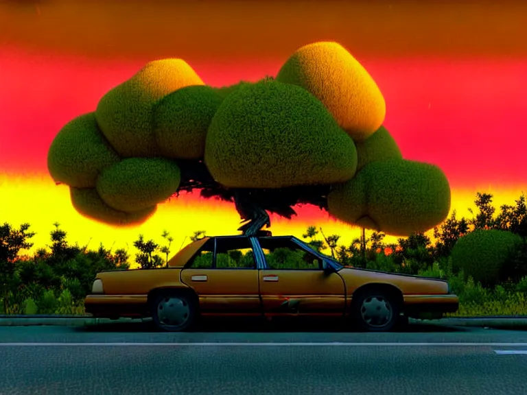 Image similar to low angle shot of tree growing inside scrap car in the foreground. overgrown. soft golden red sunset over the mountains in the background. clouds. detailed leaves, the style of 1 9 9 0's cg graphics against the cloudy night sky, lsd dream emulator psx, 3 d rendered y 2 k aesthetic by ichiro tanida, 3 do magazine, wide shot