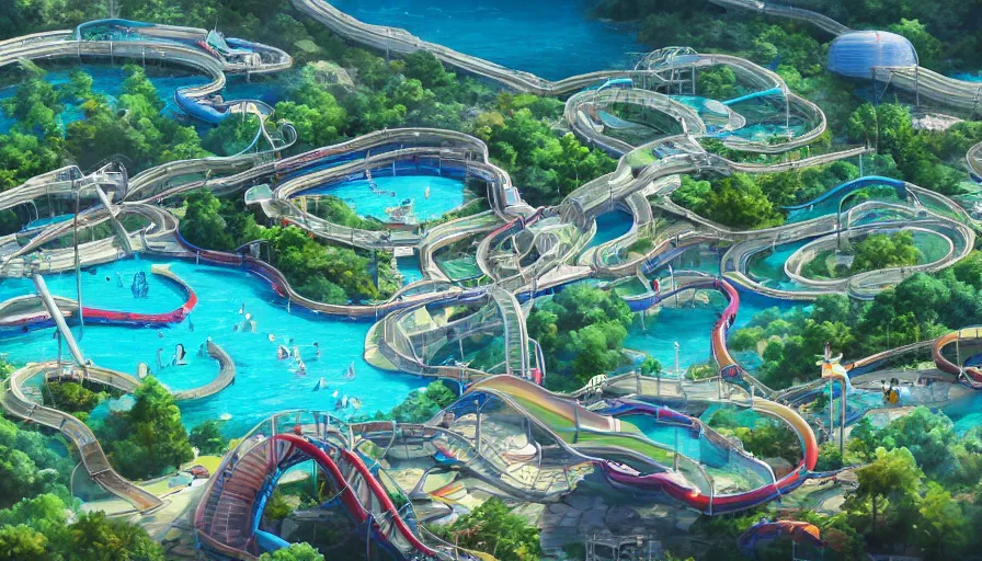 Image similar to A highly detailed matte painting of a huge empty water park with swimming pools, lazy rivers and water slides by Studio Ghibli, Makoto Shinkai, by Artgerm, by beeple, by Greg Rutkowski, volumetric lighting, octane render, 4K resolution, trending on artstation, masterpiece