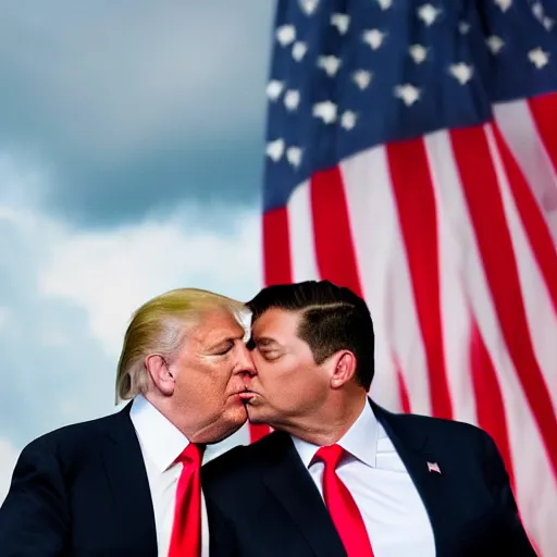 Image similar to 4 k hdr full body wide angle sony portrait of ron desantis kissing donald trump with moody stormy overcast lighting