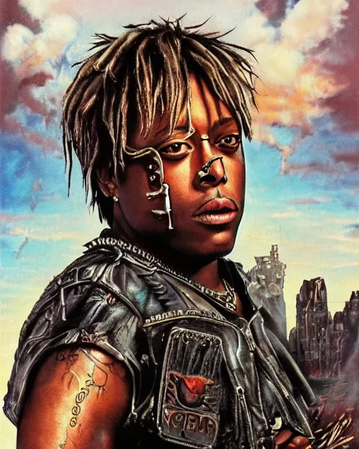 Image similar to juice wrld in dystopian raider mad max post apocalpytic, airbrush, drew struzan illustration art, key art, movie poster