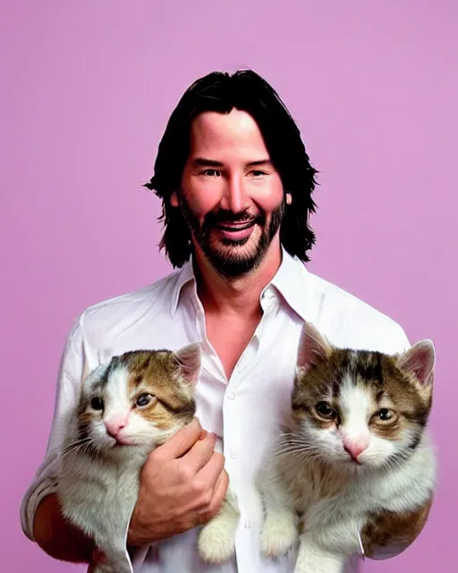 Prompt: “ head and shoulders glamour portrait of keanu reeves smiling at the camera and cradling a half dozen kittens in his arms, pastel colored background, high quality photo, photography, dreamy ”