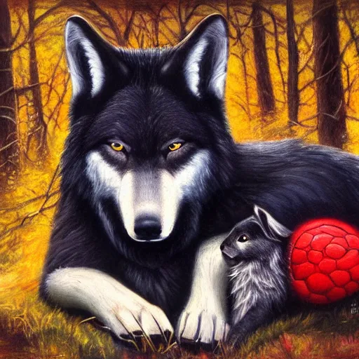 Image similar to a majestic large black wolf with red eyes curled around a small, fragile and cute white rabbit lovingly to protect it from the dangerous forest that is all around them, oil painting, award winning, 4k, high quality, high detail