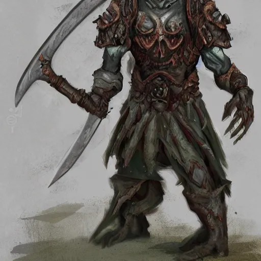 Image similar to Bald goblin with two heads and green eyes wielding a greatsword inside a decaying ancient fantasy temple. He wears a rusty silver armor, trending on artstation, dark fantasy, concept art