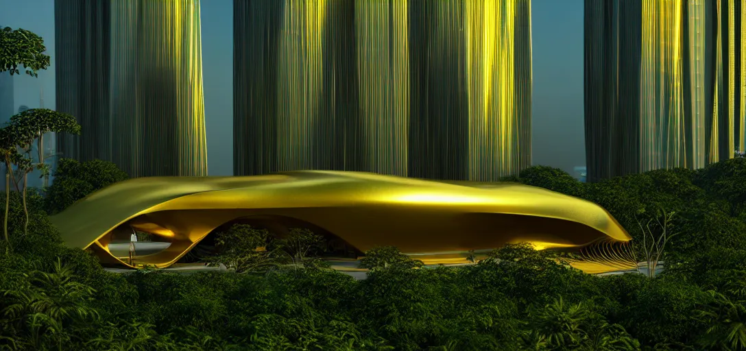 Prompt: futuristic shinny golden building in an jungle landscape of a biopunk city by taras shevchenko and frank gerhy, roads designed by zaha hadid and oscar niemeyer, movie poster, golden ratio, at dusk lighting, evening lighting, film still, realistic, octane render redshift arnold materials unreal engine, 8 k post production, hyper detailed