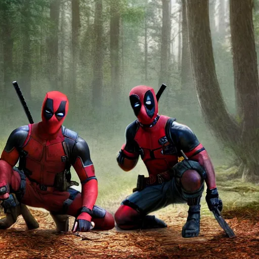 Image similar to deadpool and rocket raccoon in the woods digital art 4 k detailed super realistic