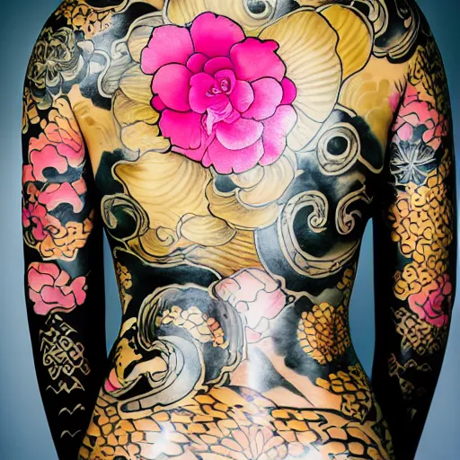 Image similar to photography of the back of a woman with a black detailed irezumi tatto representing a gold tiger with pink flowers on her entire back, dark hangar background, mid-shot, editorial photography