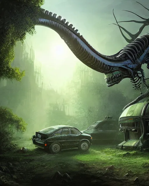Image similar to xenomorph taxi car in a fantasy village, calming, uplifting mood, ultra realistic, farm, small buildings, highly detailed, epic lighting, elves, green plants, magic, illuminated, cinematic, morning sun, art by eddie mendoza