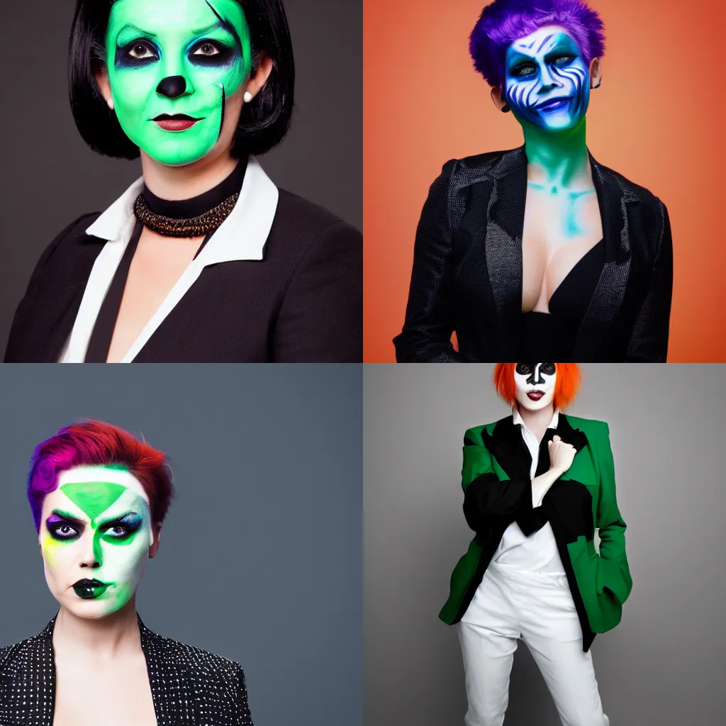 Prompt: realistic studio portrait of a woman with green black and white face paint and short orange hair wearing a black blazer, the background is a blue to black gradient, top down spotlight lighting, ultrapop, the armed