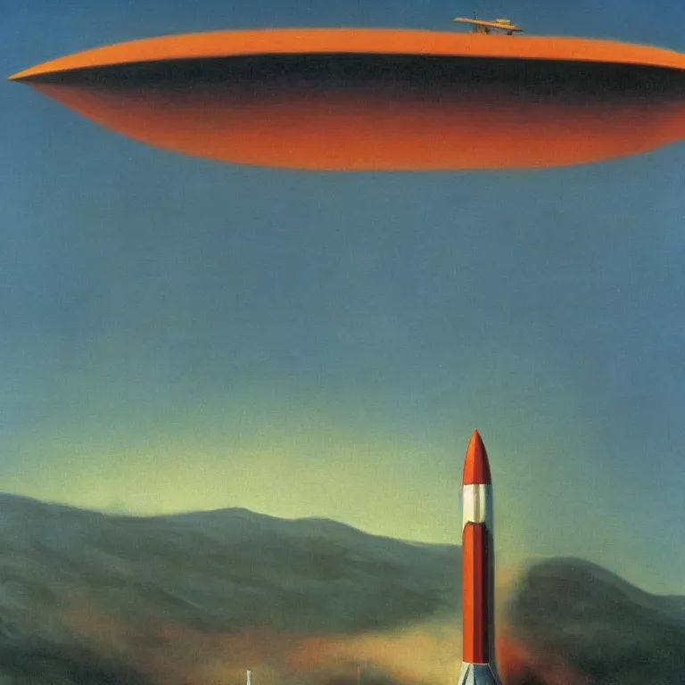 Prompt: classic rocketship, 70s science fiction, fog, early morning, , painted by Edward Hopper, Robert McGinnis, painted by Wayne Barlow, airbrush