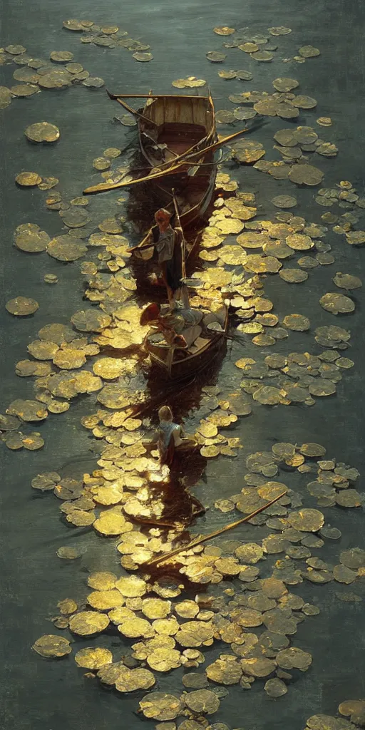 Prompt: overhead view wooden boat water lillies riverside golden hour intricate, elegant, sunlit, paint texture highly detailed artstation sharp focus illustration concept art ruan jia charlie bowater tom bagshaw norman rockwell