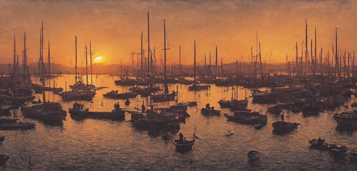 Image similar to beautiful sunset over a busy shipyard, trogir golden hour, 1 9 0 0 s photograph