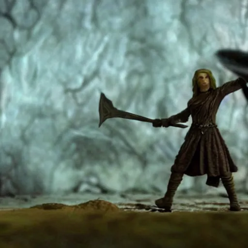 Image similar to claymation of eowyn fighting the wraith king in lord of the rings return of the king (2003), majestic, tilt shift, award winning, highly textured, very detailed!, dramatic