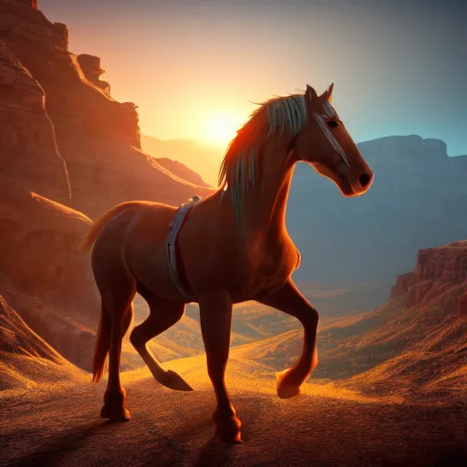 Image similar to spirit untaimed, horse from the movie next to a canyon riding in the sunset, movie poster, 8 k, trending on artstation, octane render, volumetric shadows