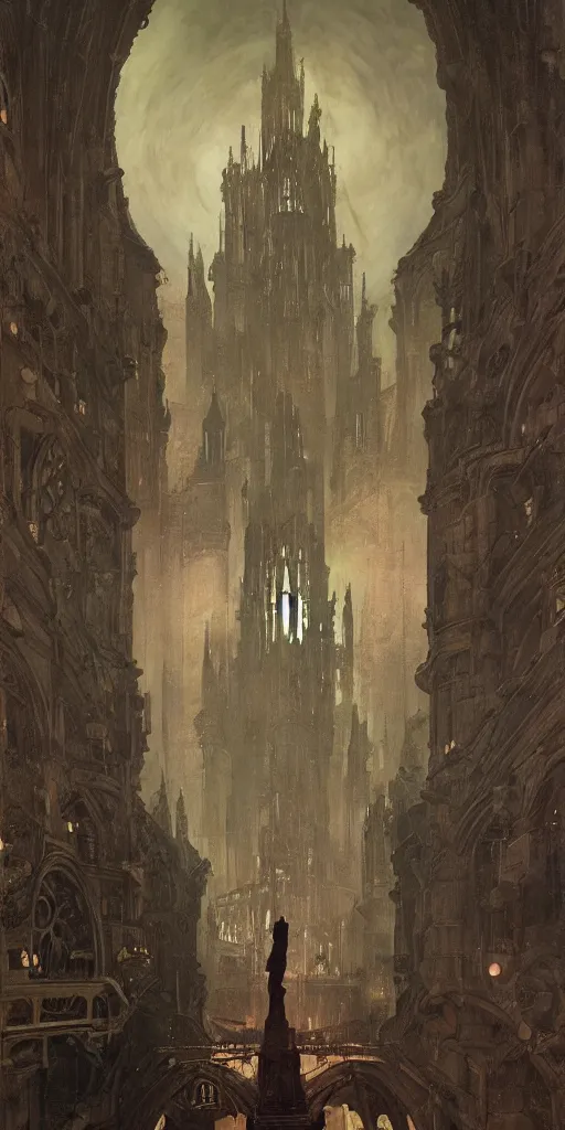 Image similar to moonlit vista, dieselpunk gothic cathedral, painted by ruan jia, petrol oil, lawrence alma tadema, zdzislaw beksinski, norman rockwell, jack kirby, tom lovell, alex malveda, greg staples, hand of fear, bbc, tv