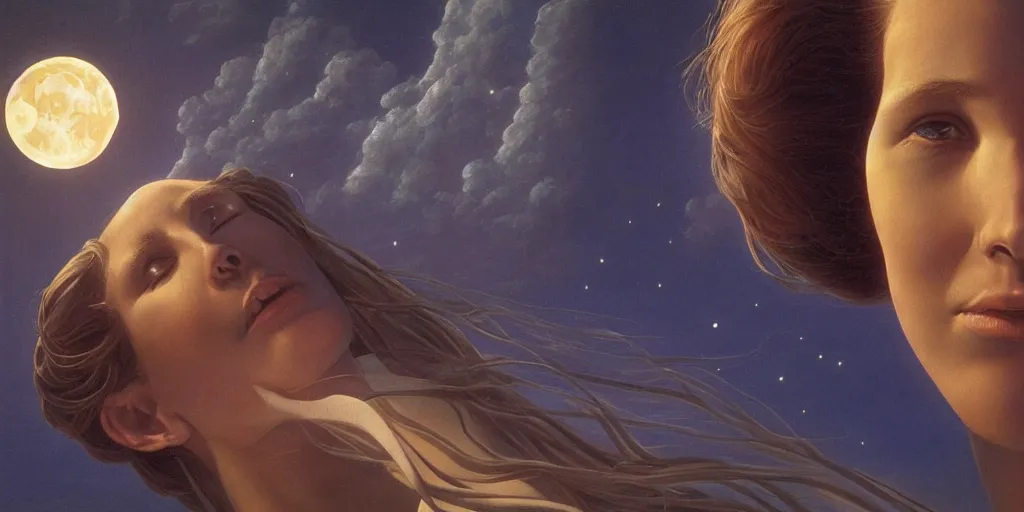 Prompt: crescent moonlit pilgrimage of the blind beautiful young woman Michael Whelan by Jeff Easley photorealistic by Edmonia Lewis, cinematic, coherent, realistic faces, detailed, intricate, dramatic lighting, establishing shot, 8k resolution